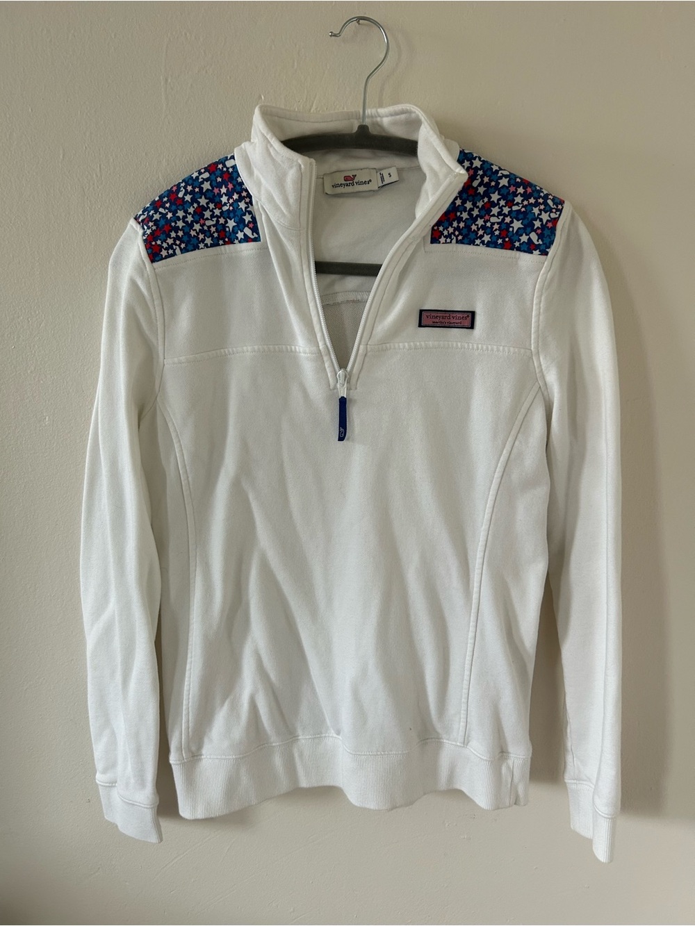 Vineyard Vines White Quarter-Zip Pullover with Red & Blue Star Shoulder Panels